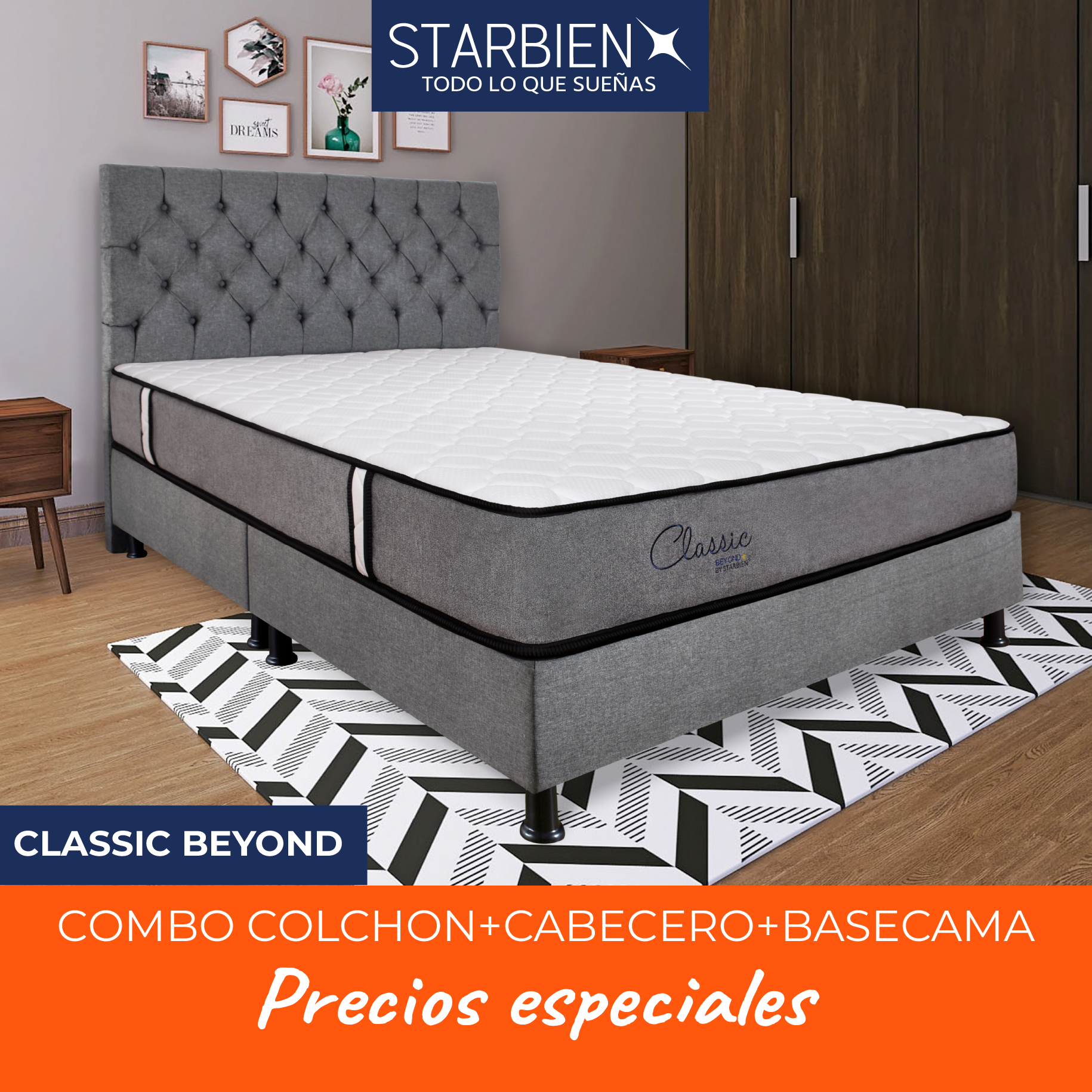 COMBO COLCHON CLASSIC BEYOND 120 X 190 + BASE CAMA + CABECERO