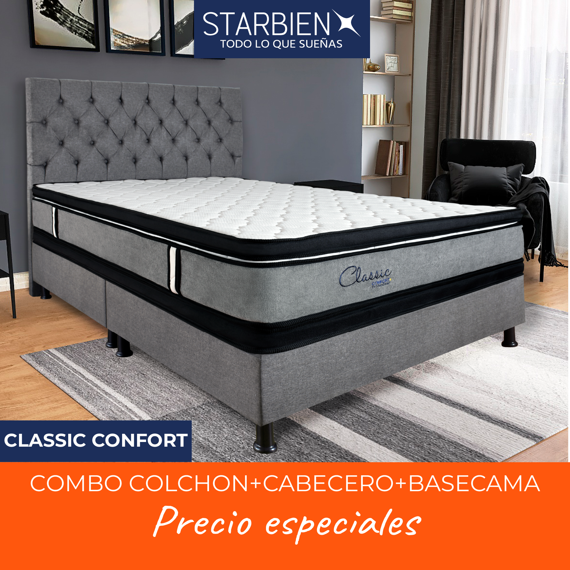 COMBO COLCHON CLASSIC COMFORT 120 X 190 + BASE CAMA + CABECERO