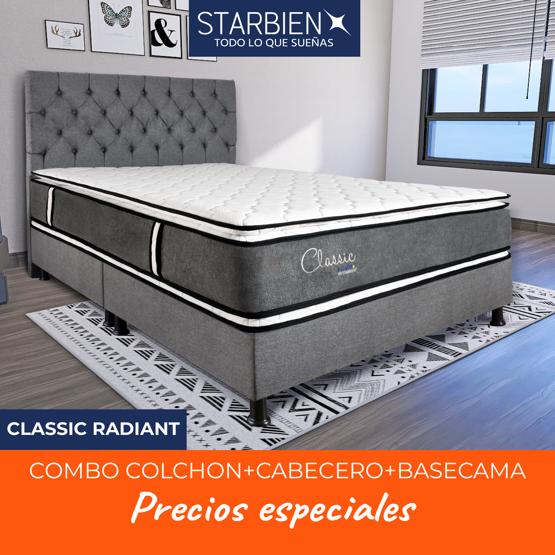 COMBO COLCHON CLASSIC RADIANT 200x200 + BASE CAMA + CABECERO