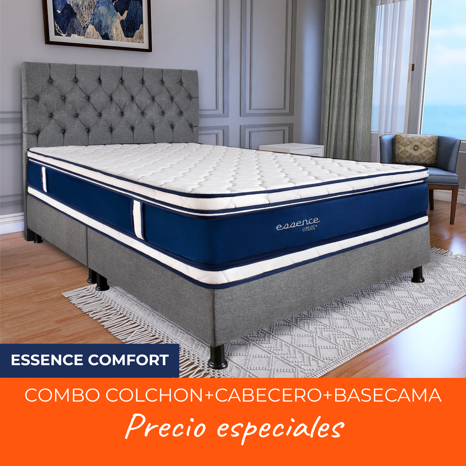 COMBO COLCHON ESSENCE COMFORT 160 X 190 + BASE CAMA + CABECERO