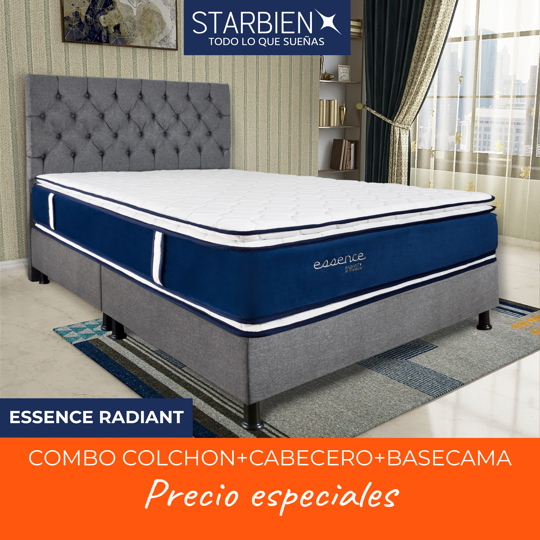 COMBO COLCHON ESSENCE RADIANT 140 X 190 + BASE CAMA + CABECERO
