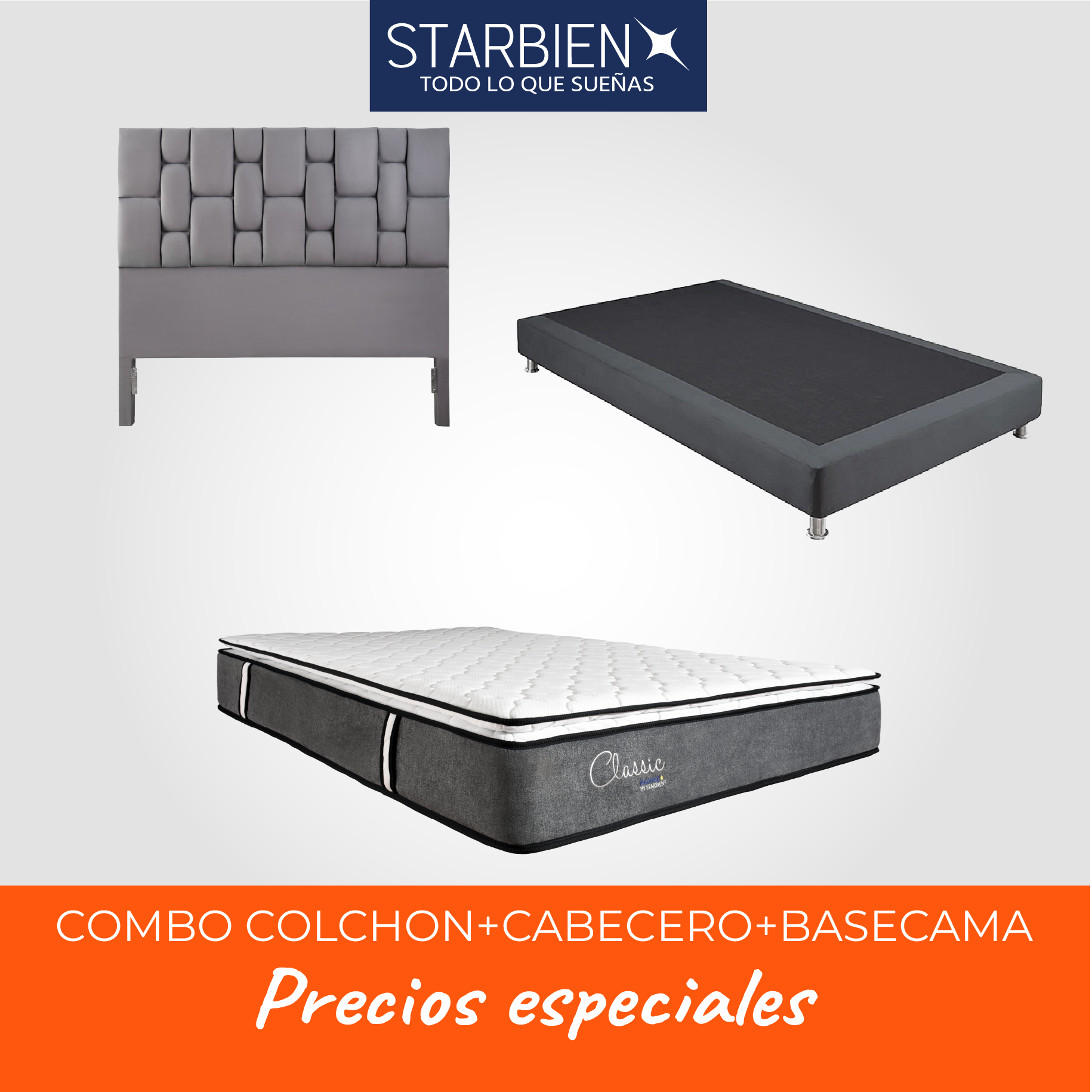 COMBO COLCHON CLASSIC RADIANT 200x200 + BASE CAMA + CABECERO