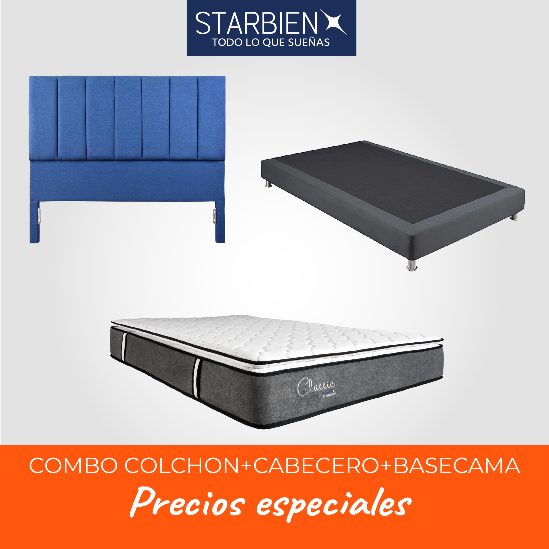 COMBO COLCHON CLASSIC RADIANT 200x200 + BASE CAMA + CABECERO