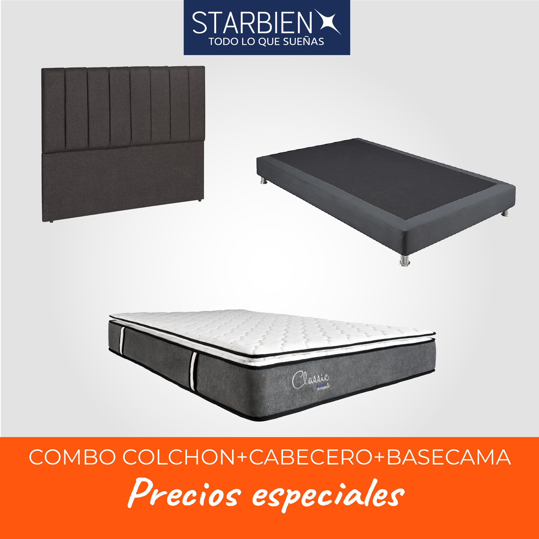 COMBO COLCHON CLASSIC RADIANT 200x200 + BASE CAMA + CABECERO