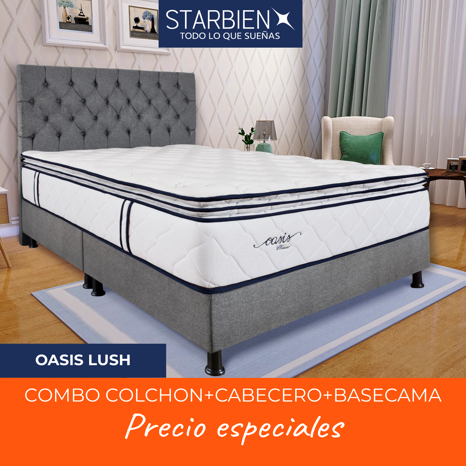 COMBO COLCHON OASIS LUSH 160 X 190 + BASE CAMA + CABECERO