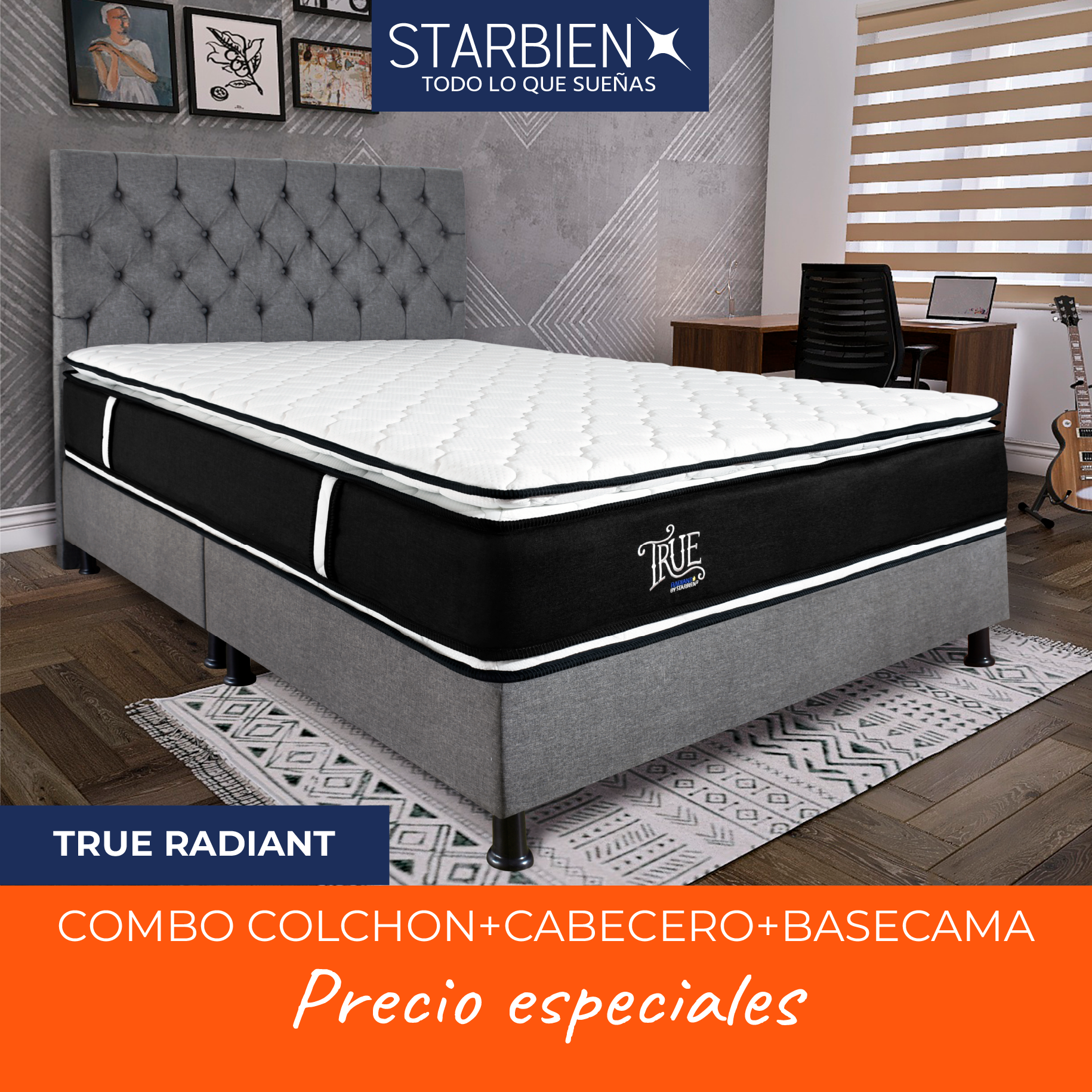 COMBO COLCHON TRUE RADIANT 140 X 190 + BASE CAMA + CABECERO